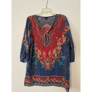NLW Women's Blue Red Baroque Floral Tassel Tunic Top Size L Made in Turkey